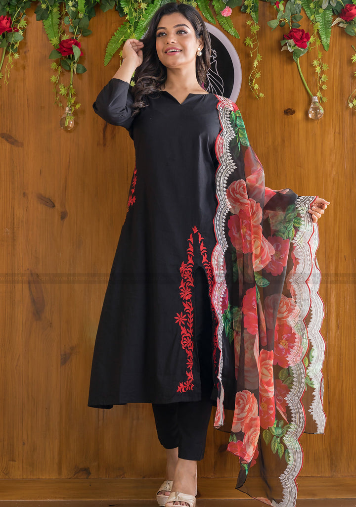Back To Black Designer Kurti Set With Organza Dupatta