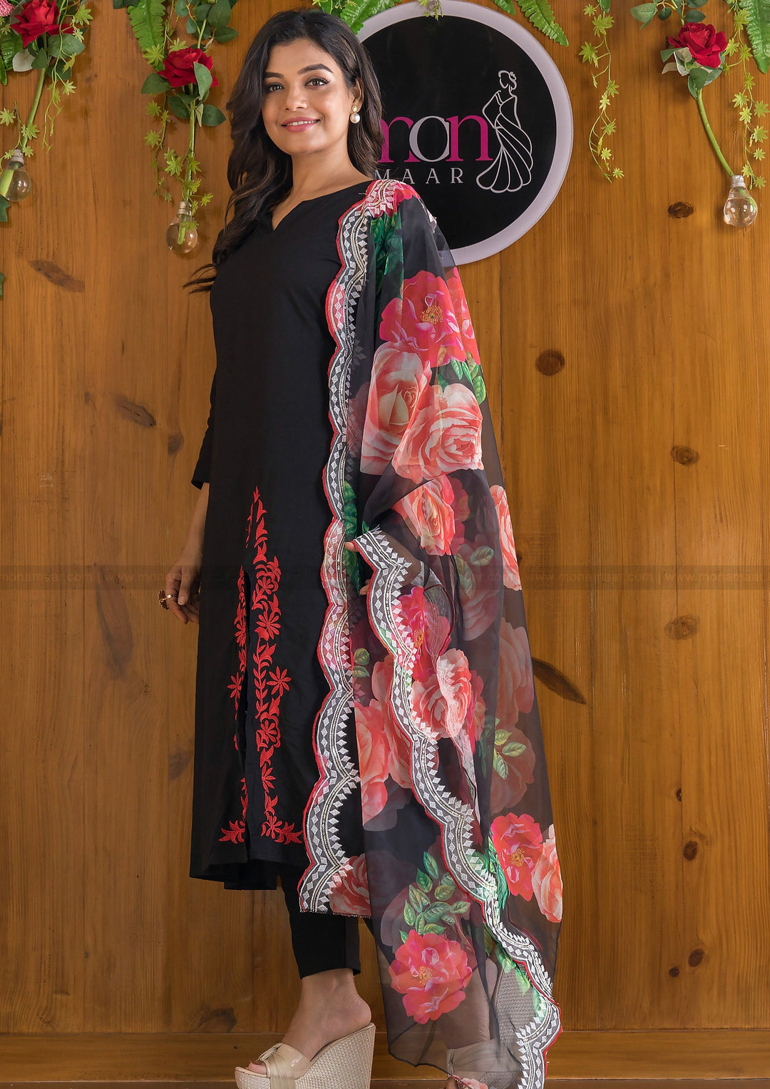 Back To Black Designer Kurti Set With Organza Dupatta