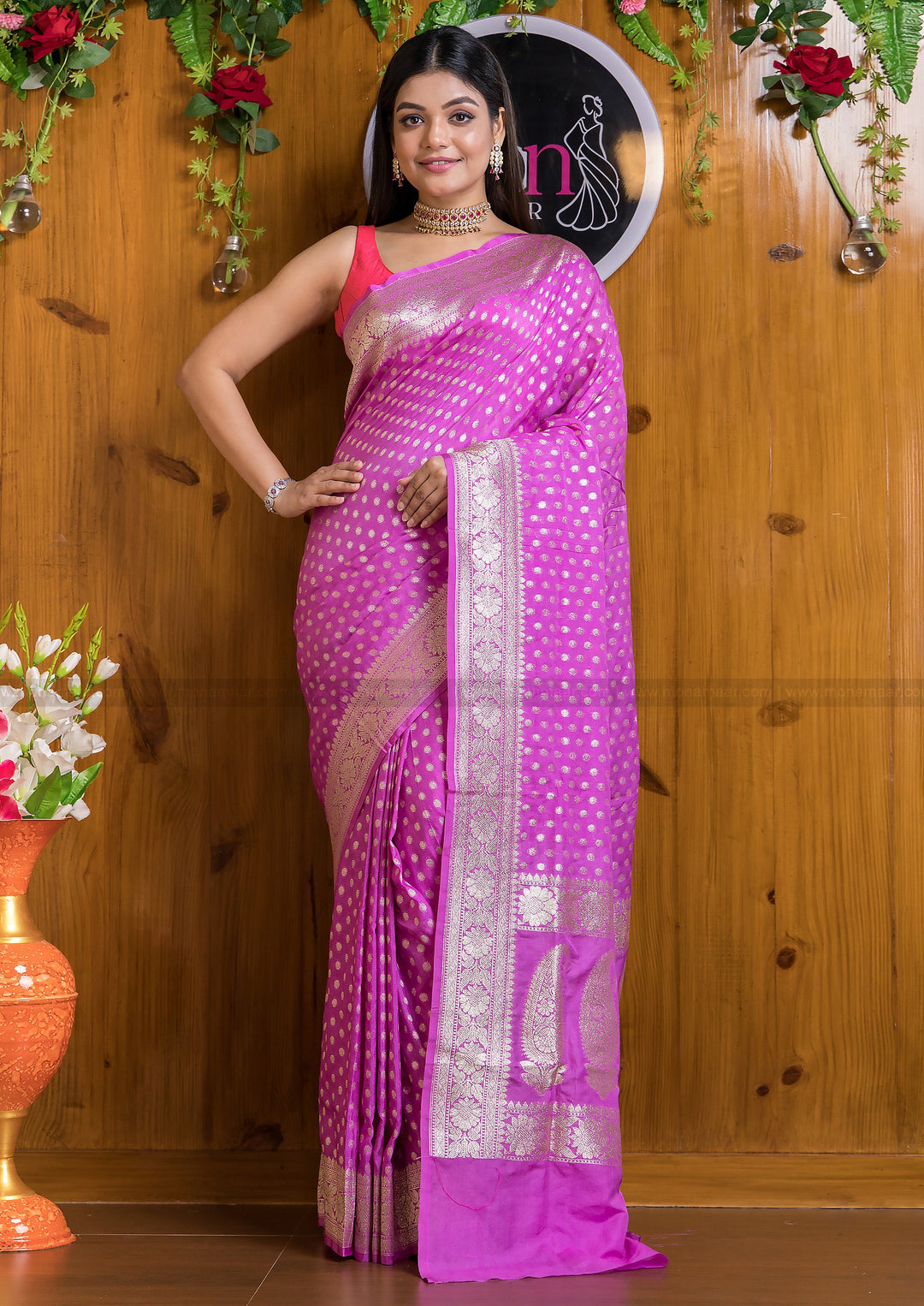Wild Berry Pink Banarsi semi katan silk Saree