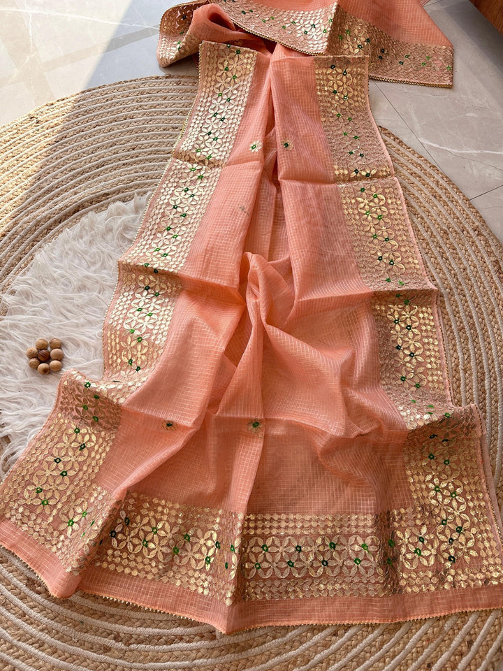 Flawless Classic Kota Doriya Peach Saree
