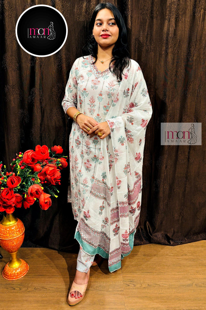 White Frame -Cotton Kurti Set