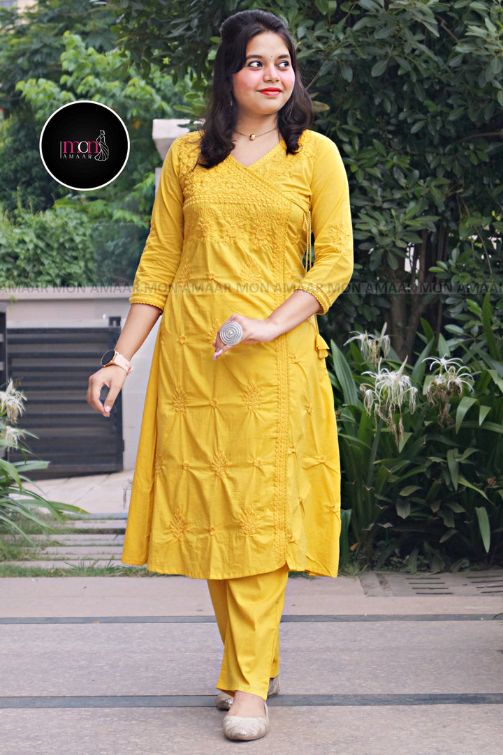 Chikankari Fun - Cotton Kurti Set(Yellow)