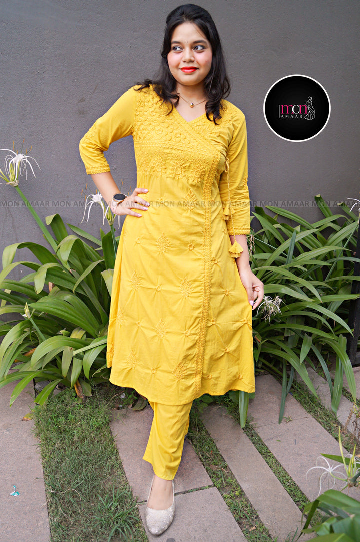 Chikankari Fun - Cotton Kurti Set(Yellow)