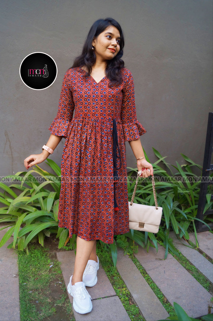 Ajrakh Jadu- Pure Handblock Handloom Long Cotton Dress