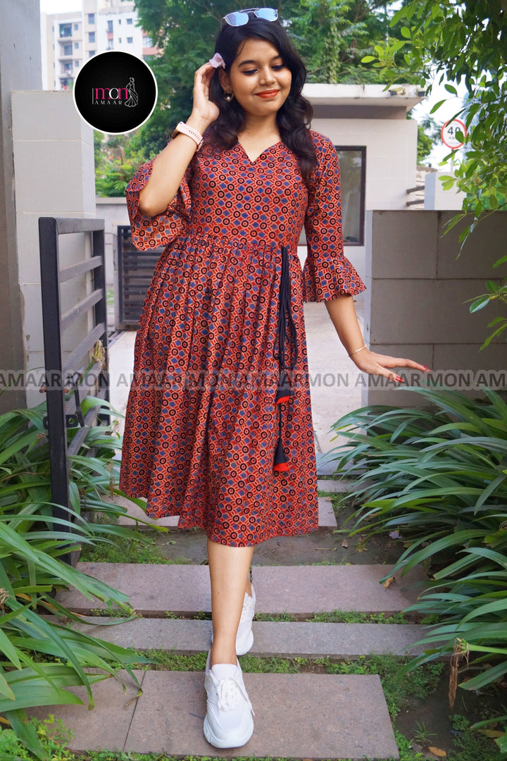 Ajrakh Jadu- Pure Handblock Handloom Long Cotton Dress
