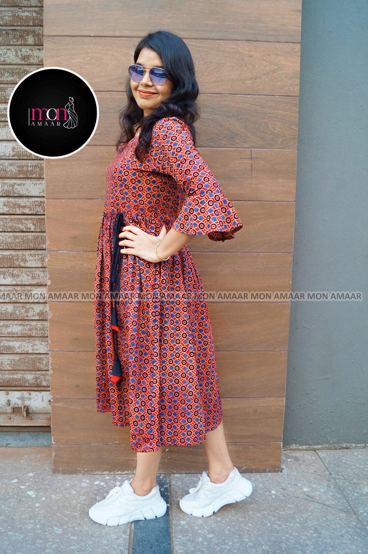 Ajrakh Jadu- Pure Handblock Handloom Long Cotton Dress