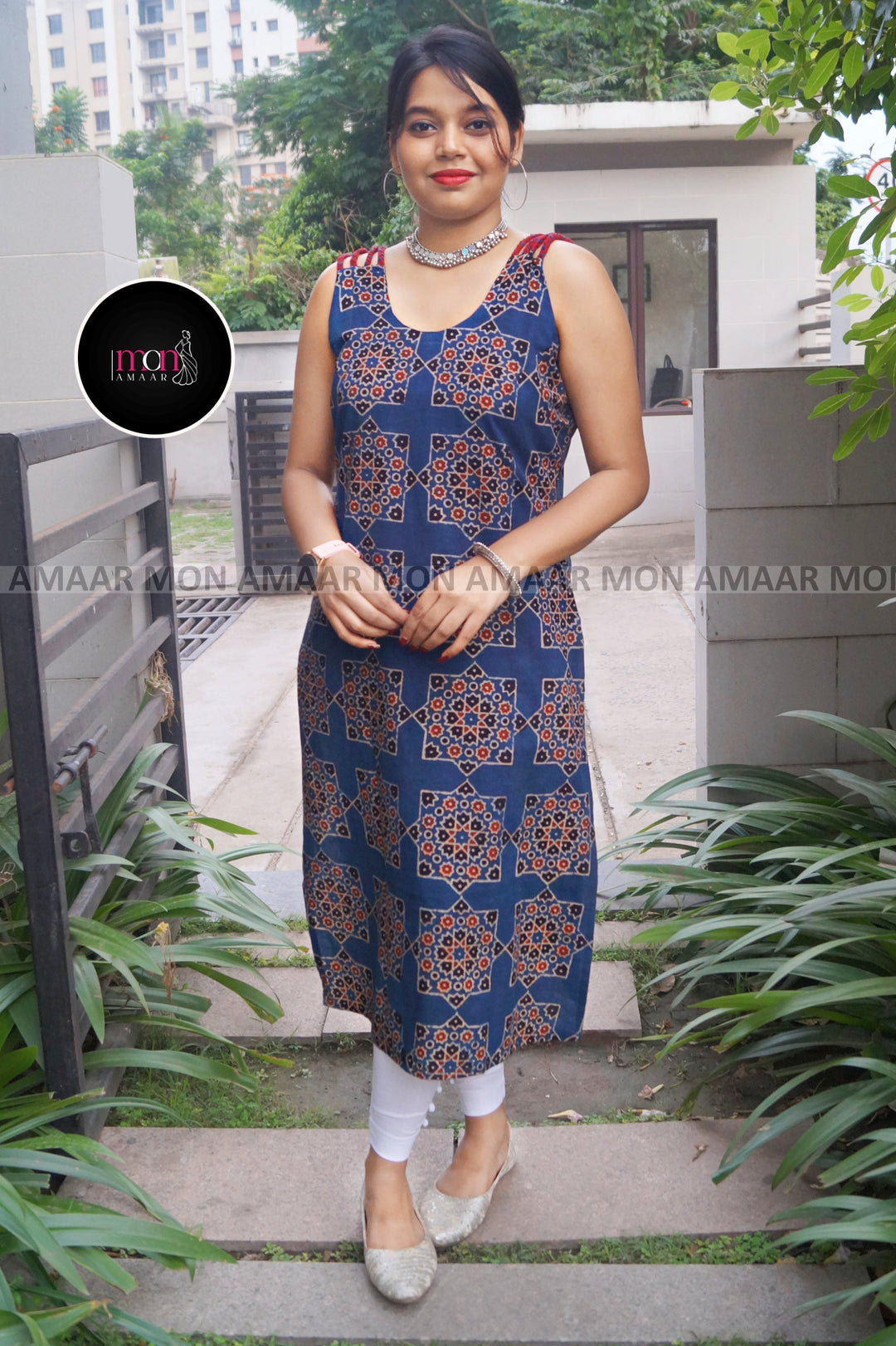 Noir Nova -  Pure Ajrakh Sustainable  Kurti (With Braided Strap)