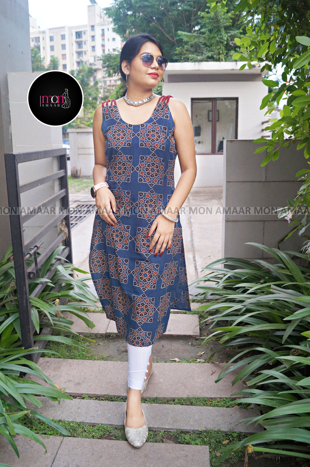 Noir Nova -  Pure Ajrakh Sustainable  Kurti (With Braided Strap)