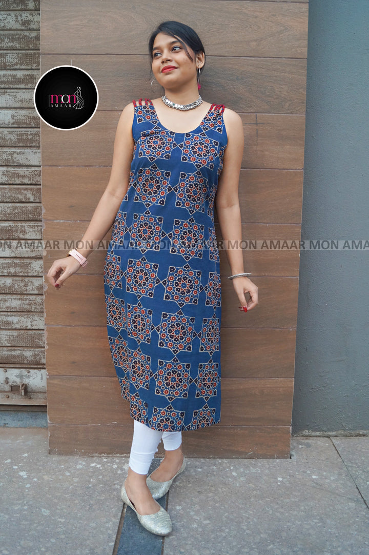 Noir Nova -  Pure Ajrakh Sustainable  Kurti (With Braided Strap)