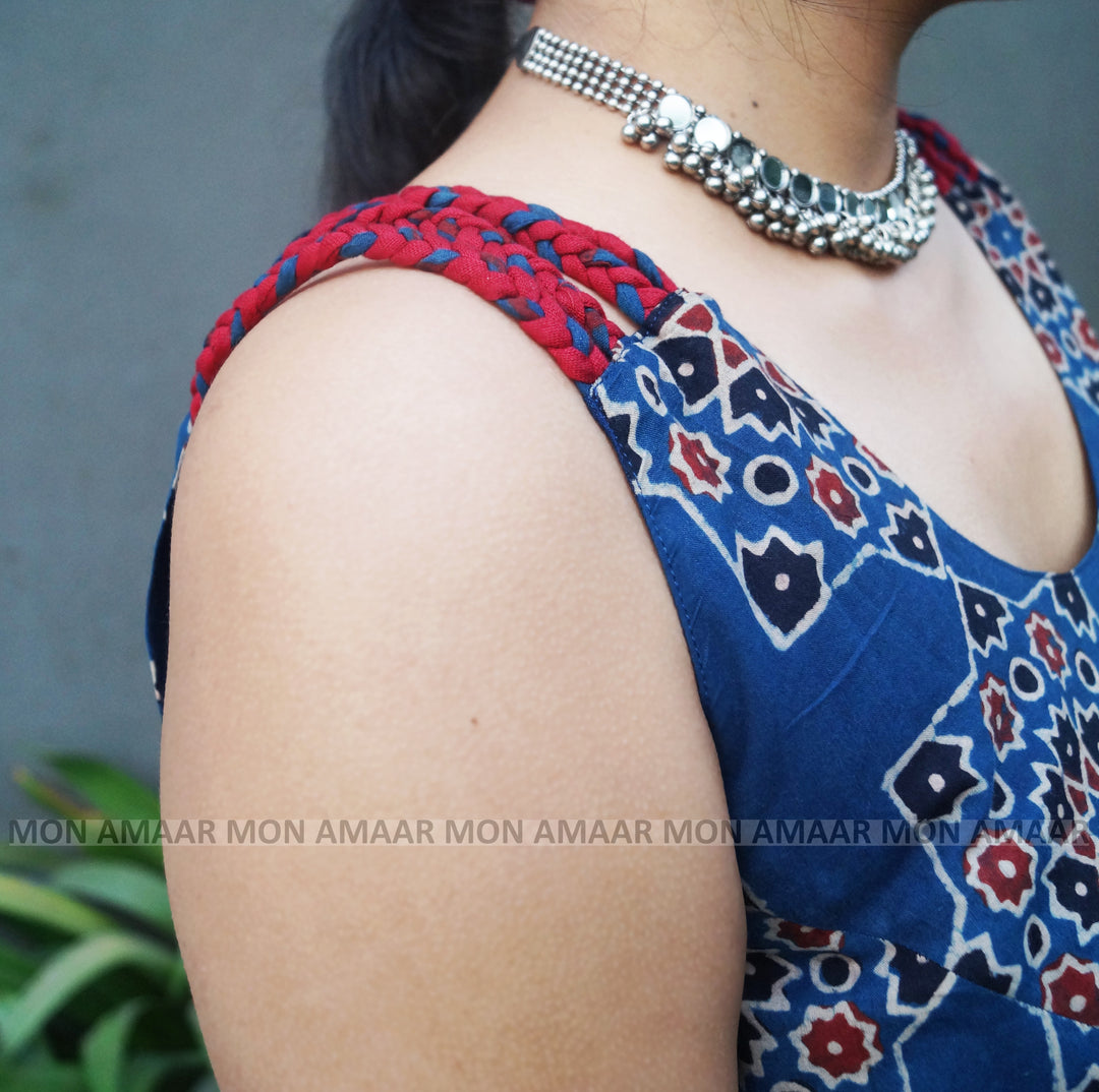 Noir Nova -  Pure Ajrakh Sustainable  Kurti (With Braided Strap)