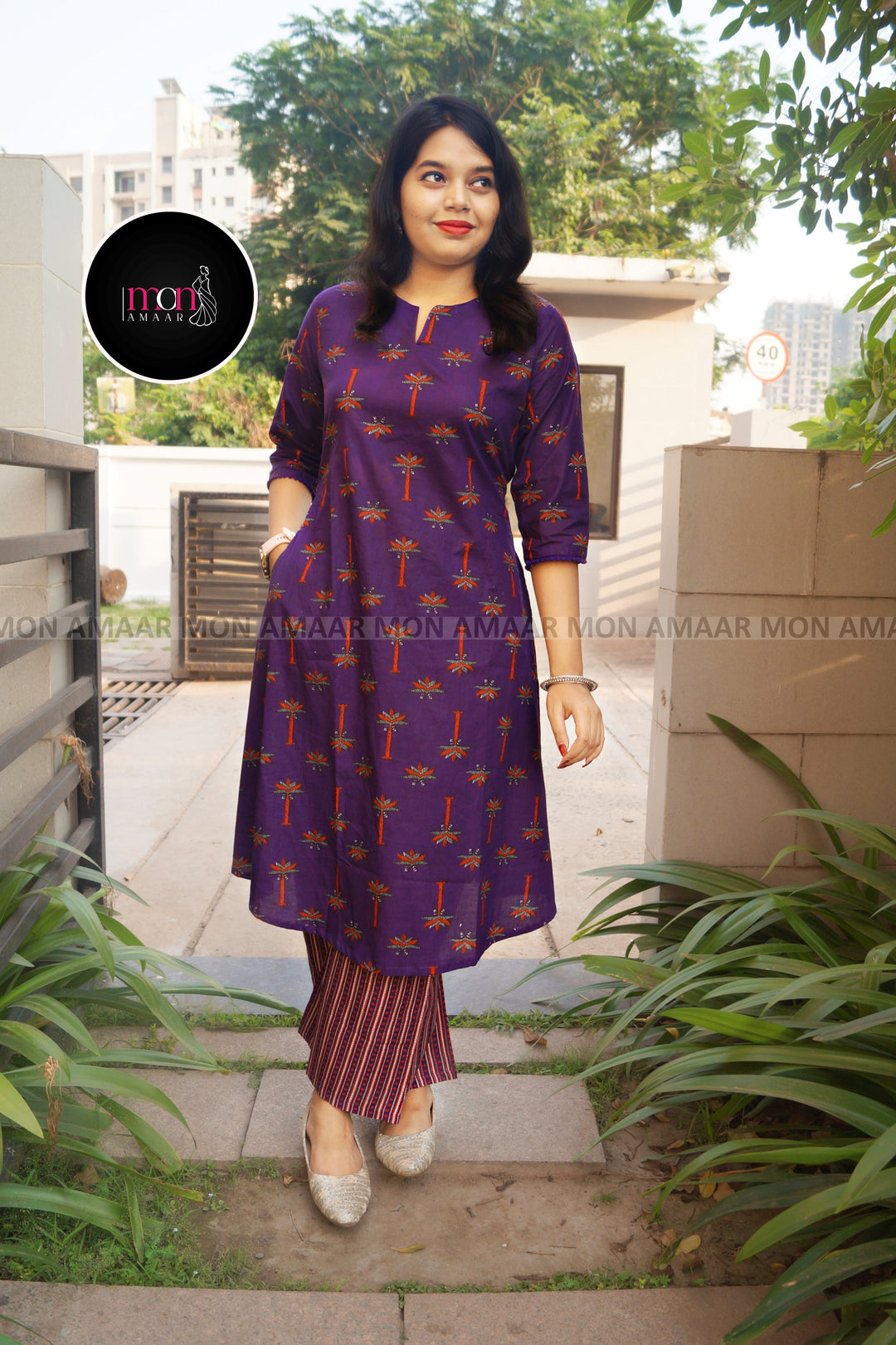 Big On Charm Purple Cotton Kurti Set
