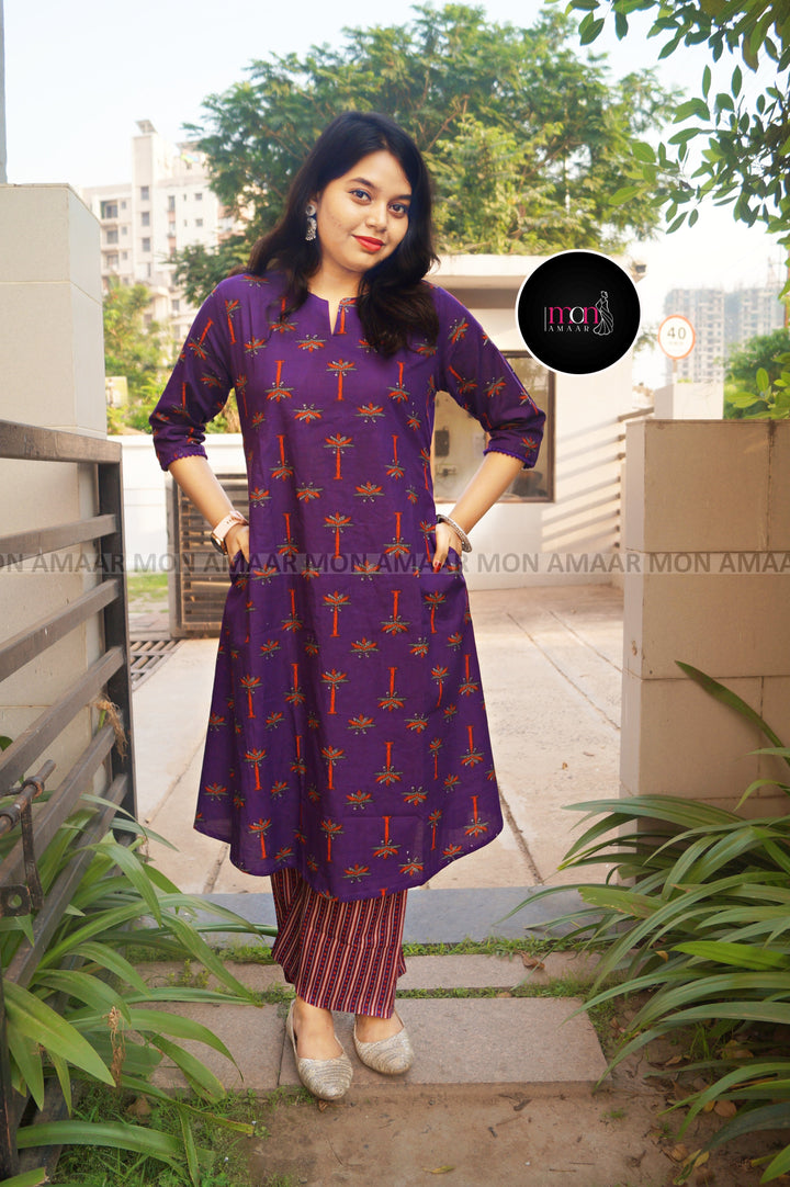 Big On Charm Purple Cotton Kurti Set