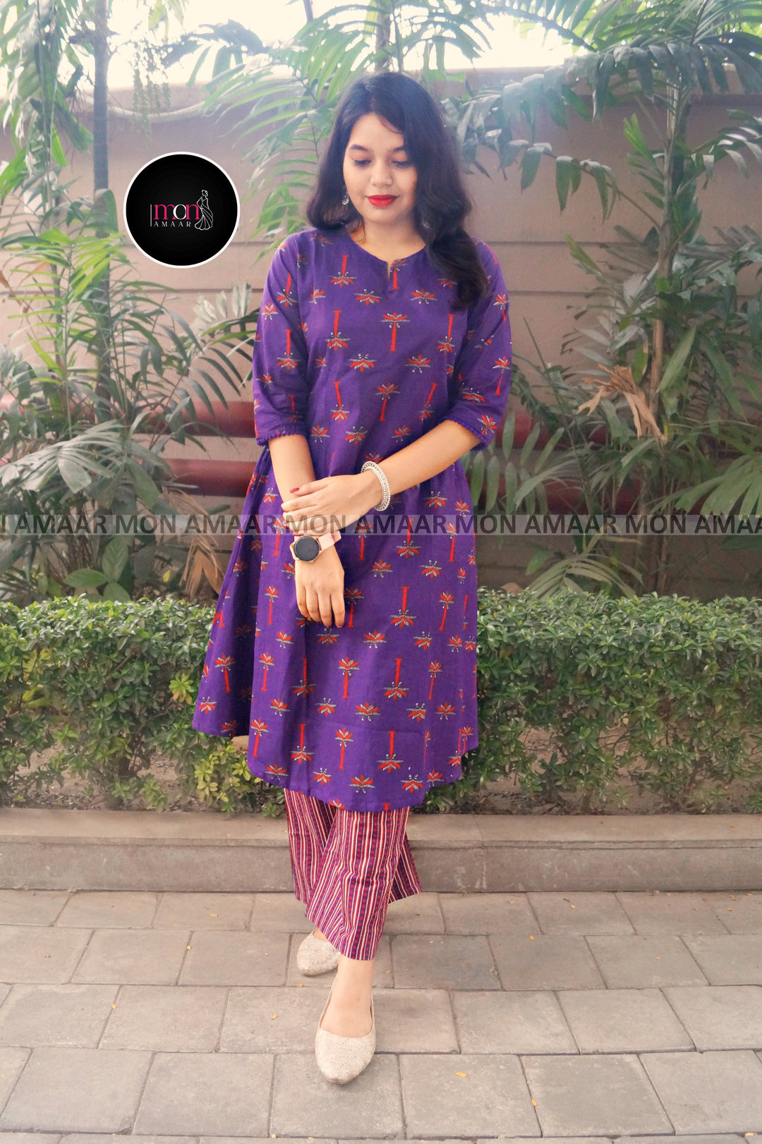 Big On Charm Purple Cotton Kurti Set