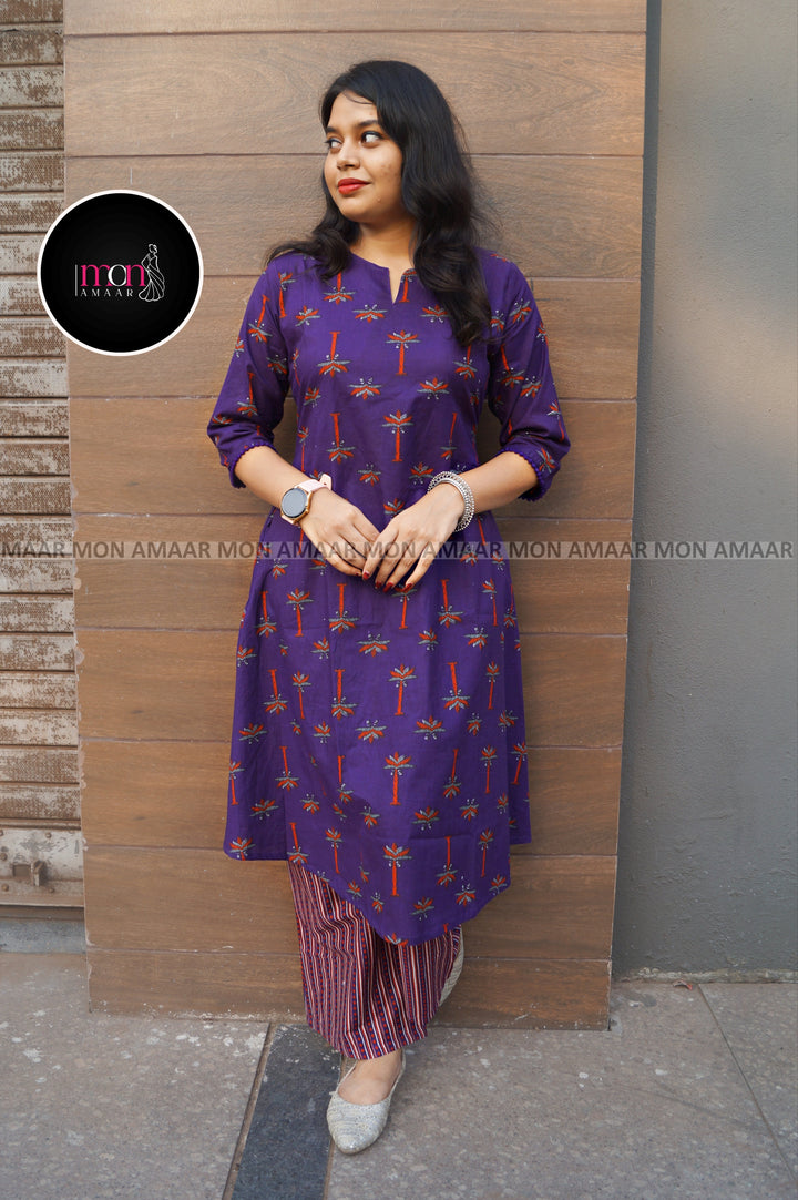Big On Charm Purple Cotton Kurti Set