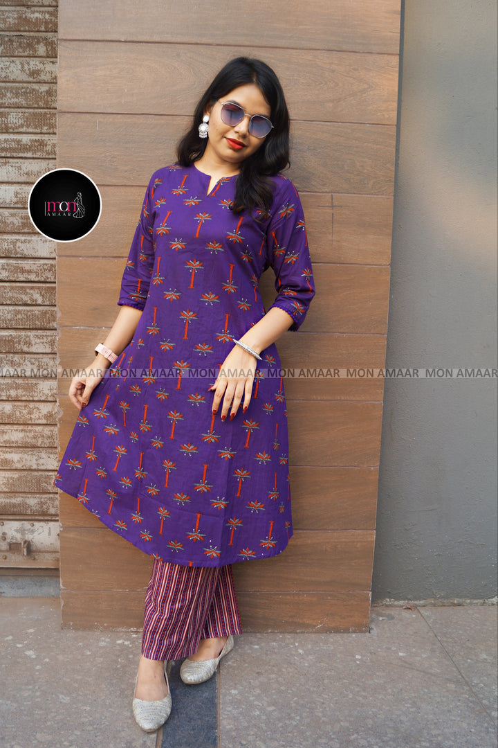 Big On Charm Purple Cotton Kurti Set