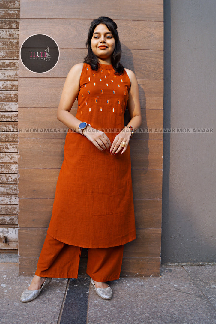 Adah- Cotton Kurti Set(Rust Magic)