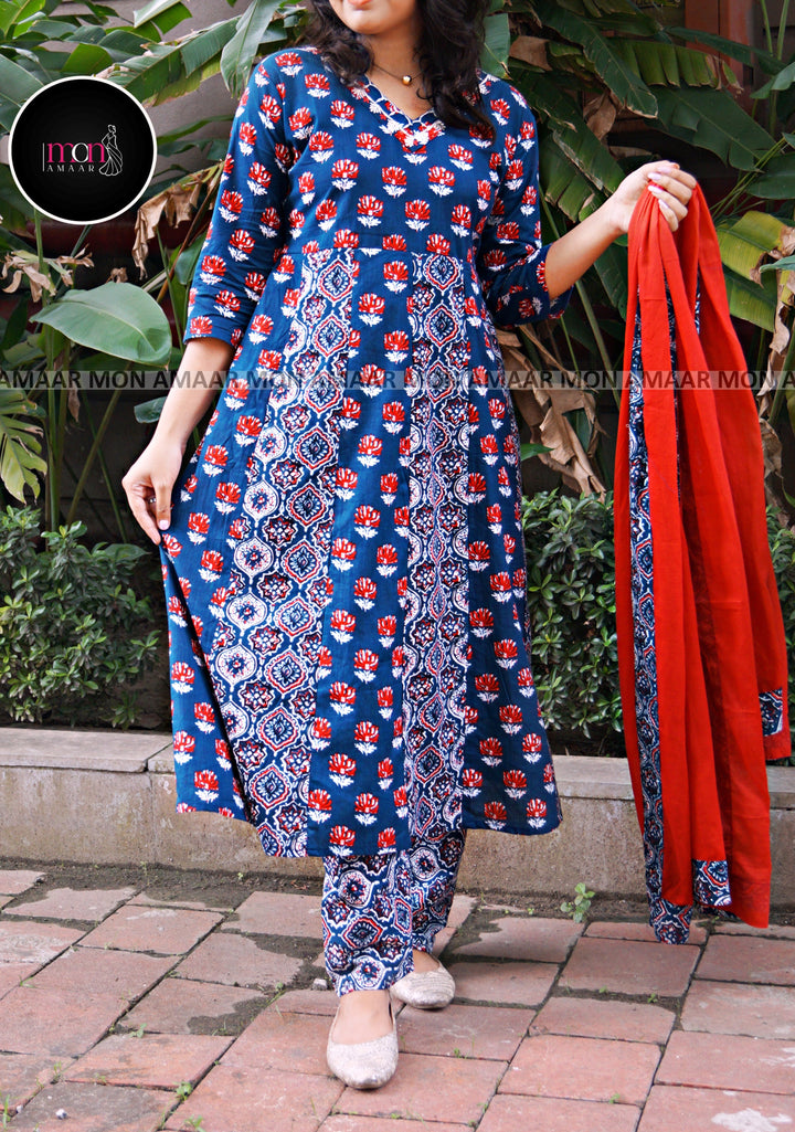 Blue Frame- Ajrakh Cotton Kurti Set