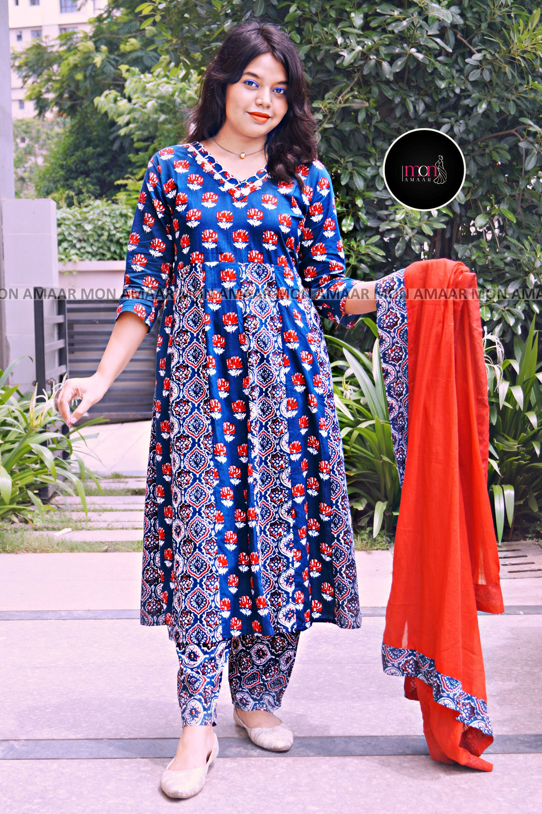 Blue Frame- Ajrakh Cotton Kurti Set
