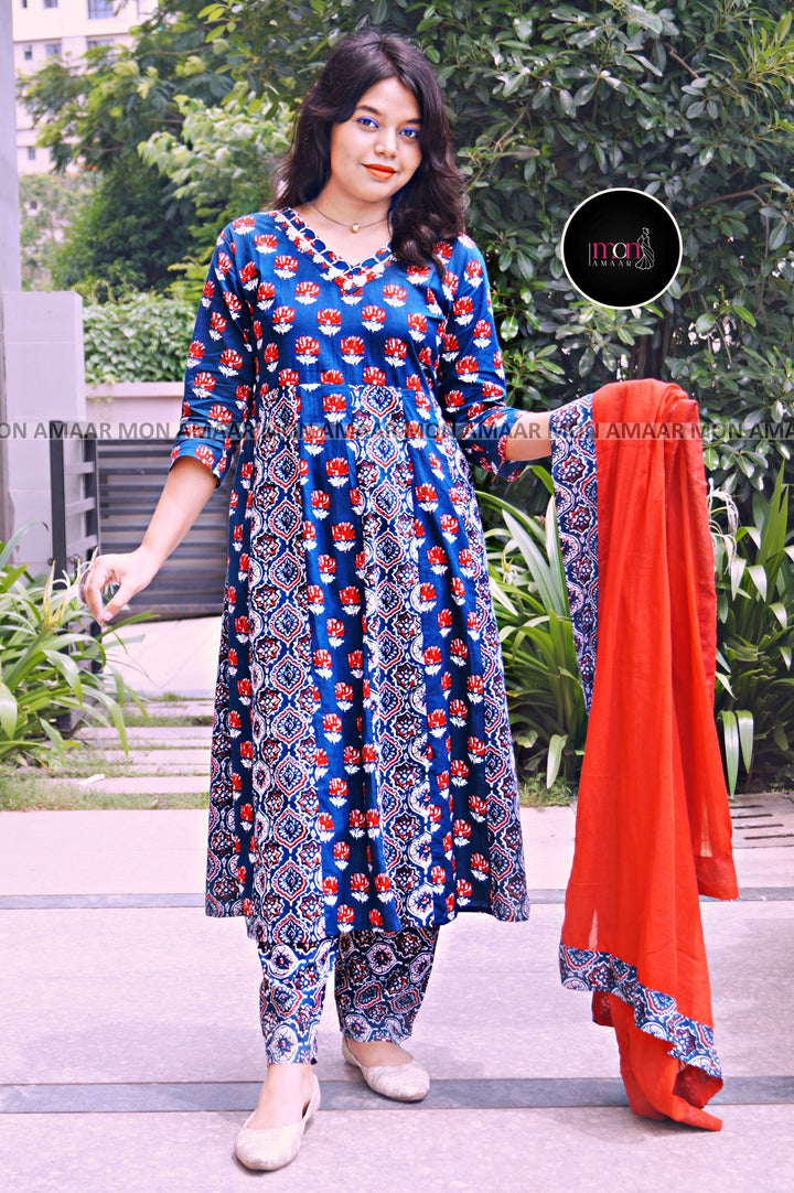 Blue Frame- Ajrakh Cotton Kurti Set