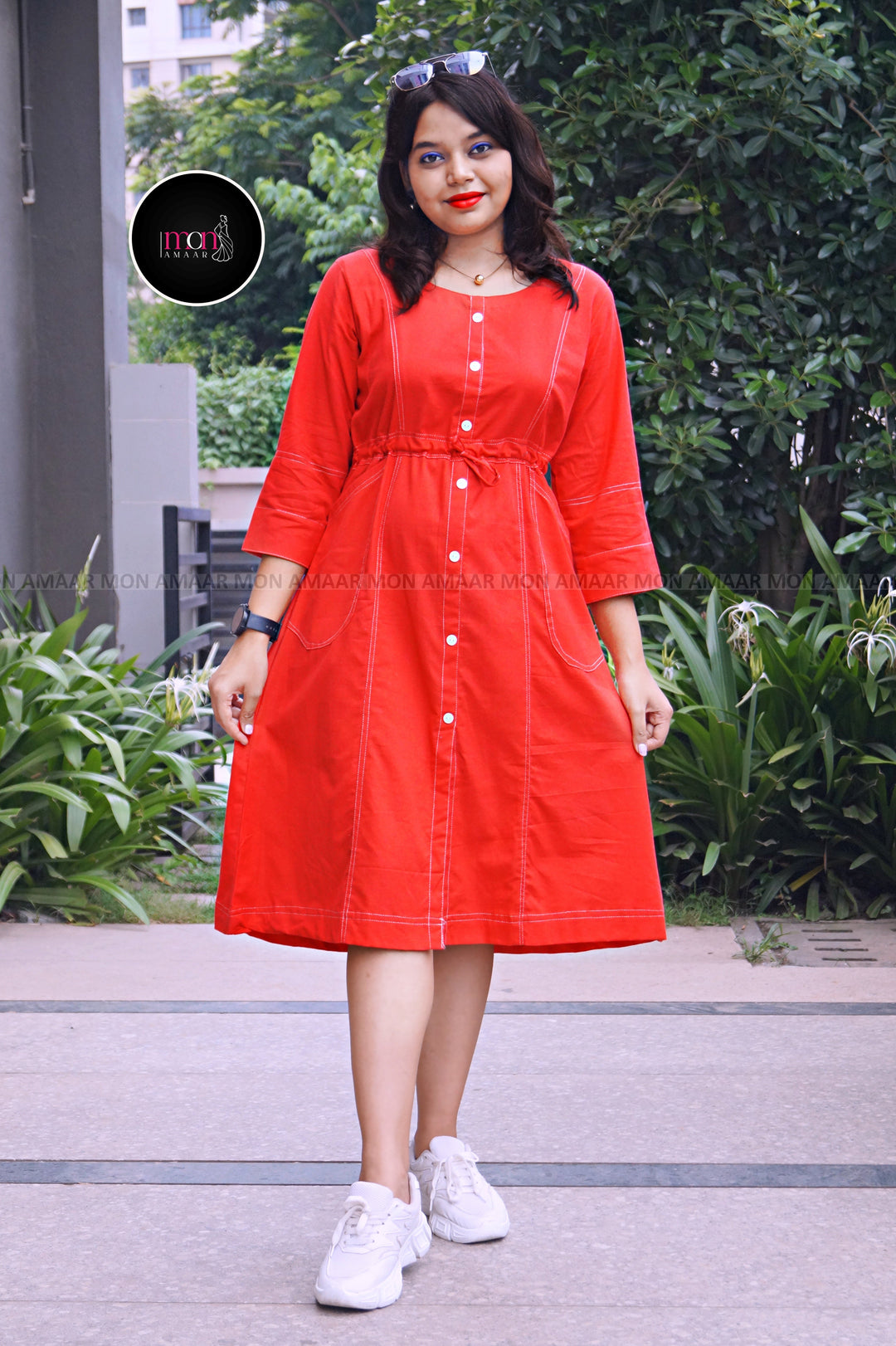 Blessed With- Cotton Dress(Red)