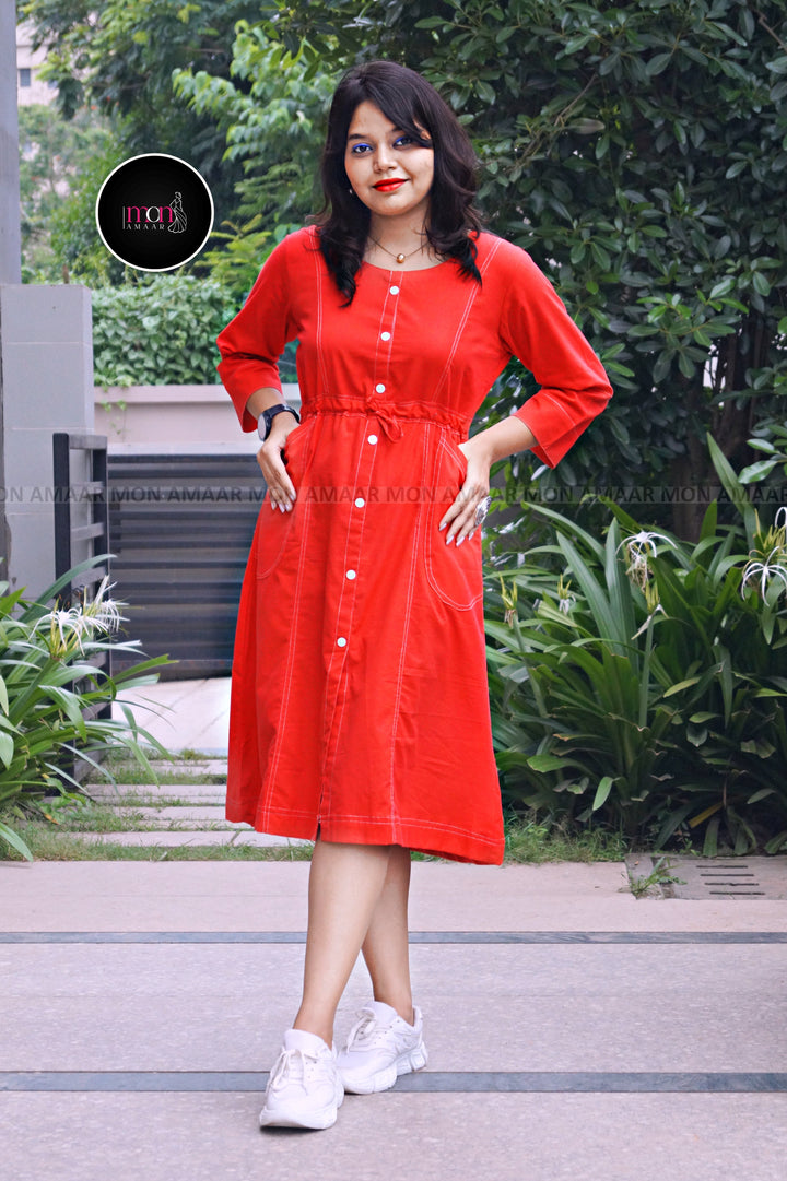 Blessed With- Cotton Dress(Red)