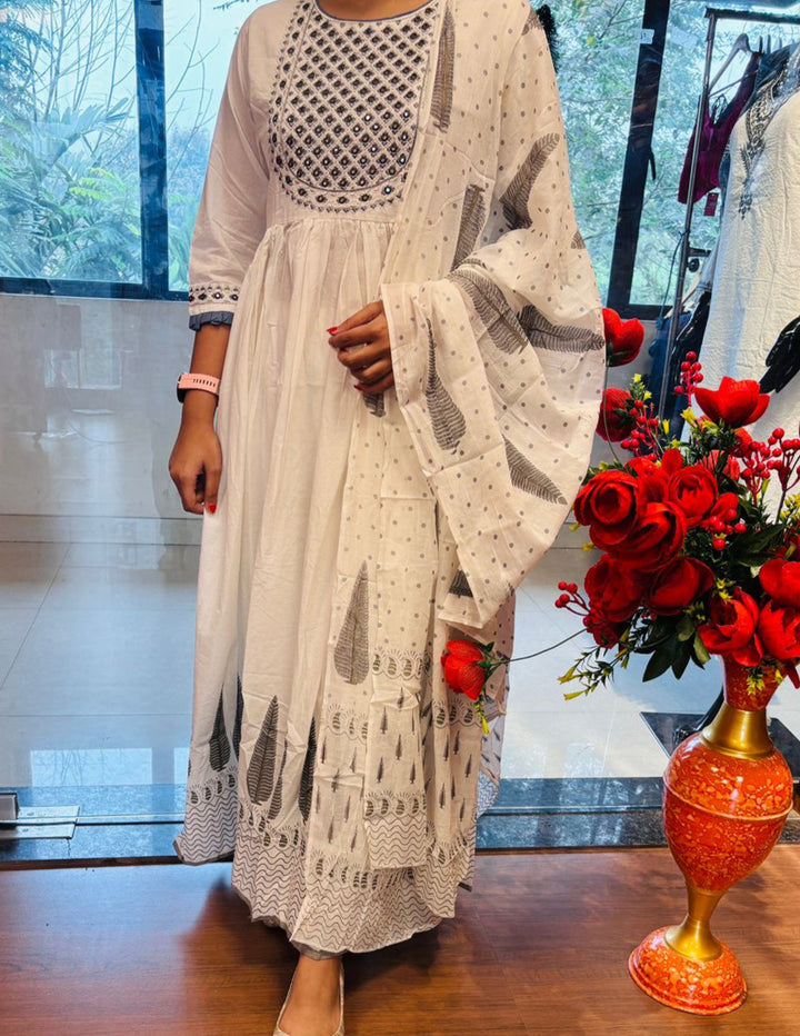 White Fun -Anarkali Cotton Suit Set