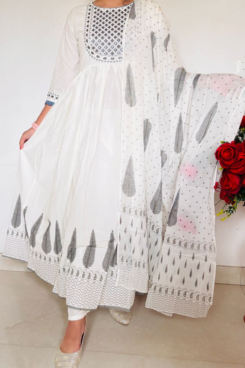 White Fun -Anarkali Cotton Suit Set
