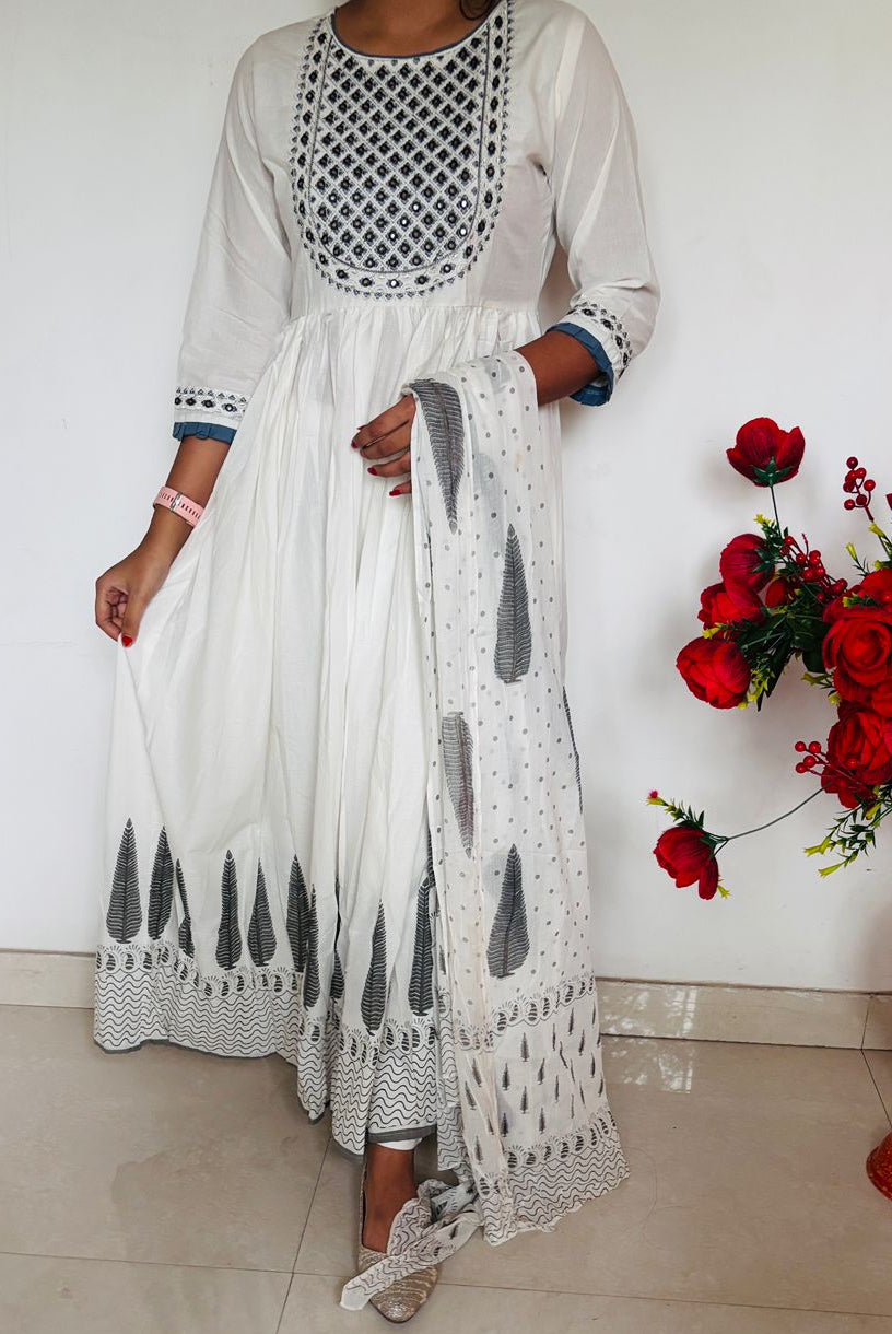 White Fun -Anarkali Cotton Suit Set