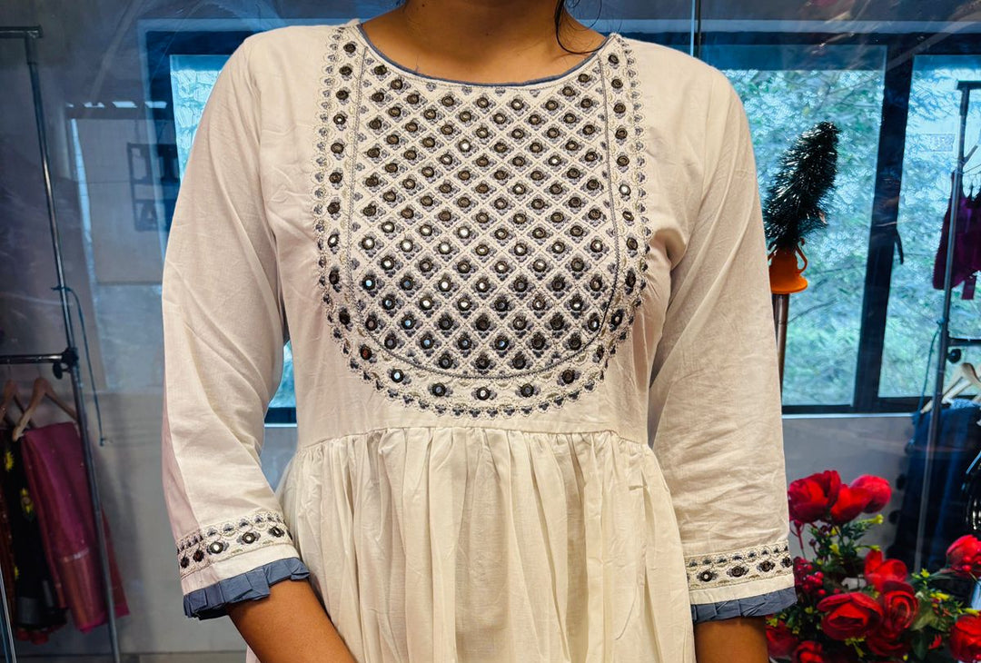 White Fun -Anarkali Cotton Suit Set