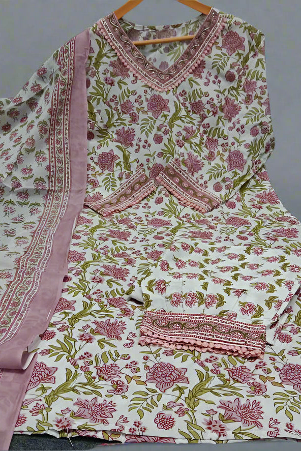 White Pink Floral Pocket Kurti Set