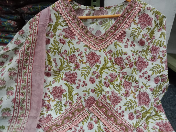 White Pink Floral Pocket Kurti Set