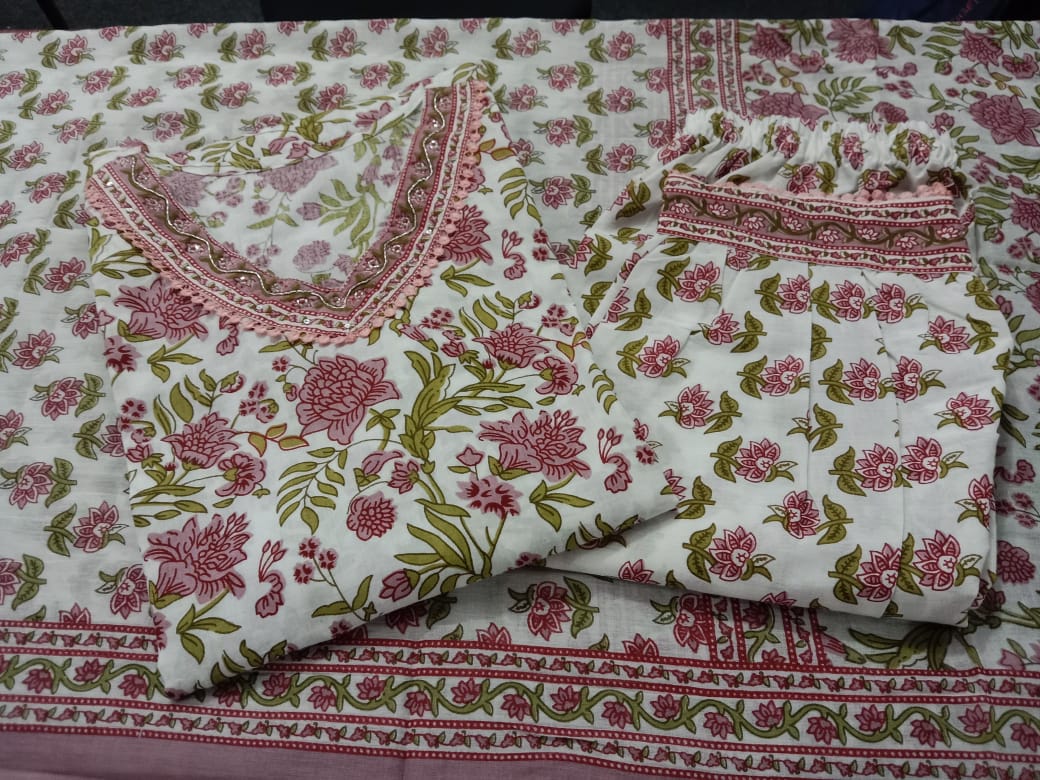 White Pink Floral Pocket Kurti Set