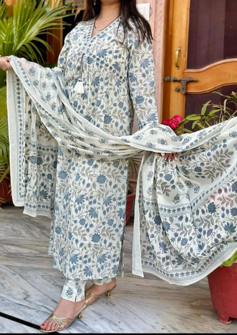 White Teal Printed Naira Cut Kurti Set