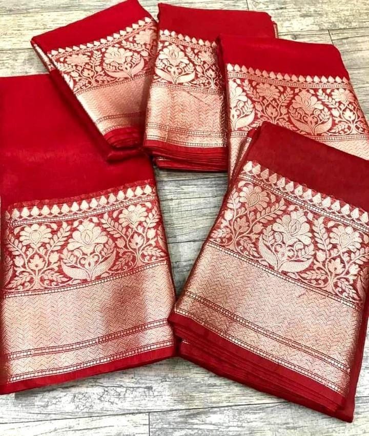 Red Pure Handwoven Silk Linen Banarasi
