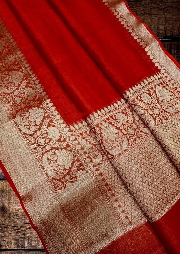 Red Pure Handwoven Silk Linen Banarasi