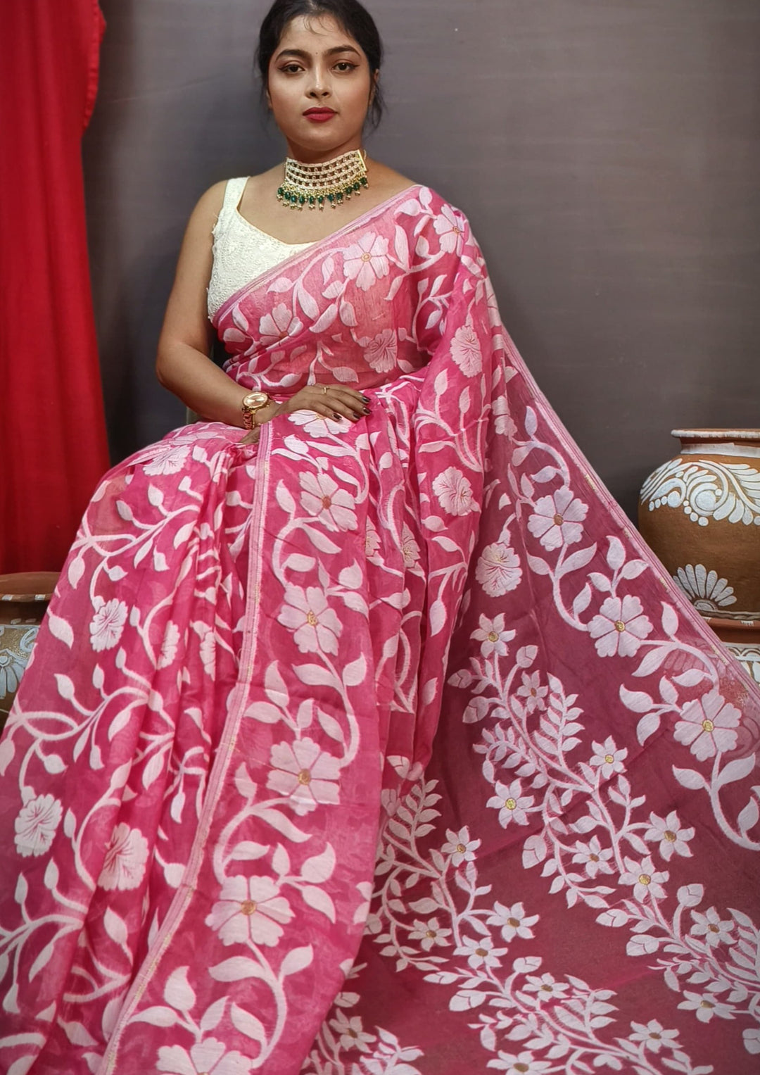 Pushpalata- Flowering Vines Cotton Jamdani Saree