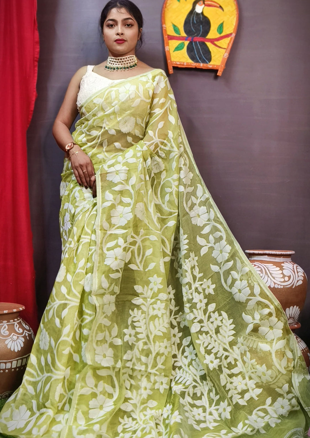 Pushpalata- Flowering Vines Cotton Jamdani Saree