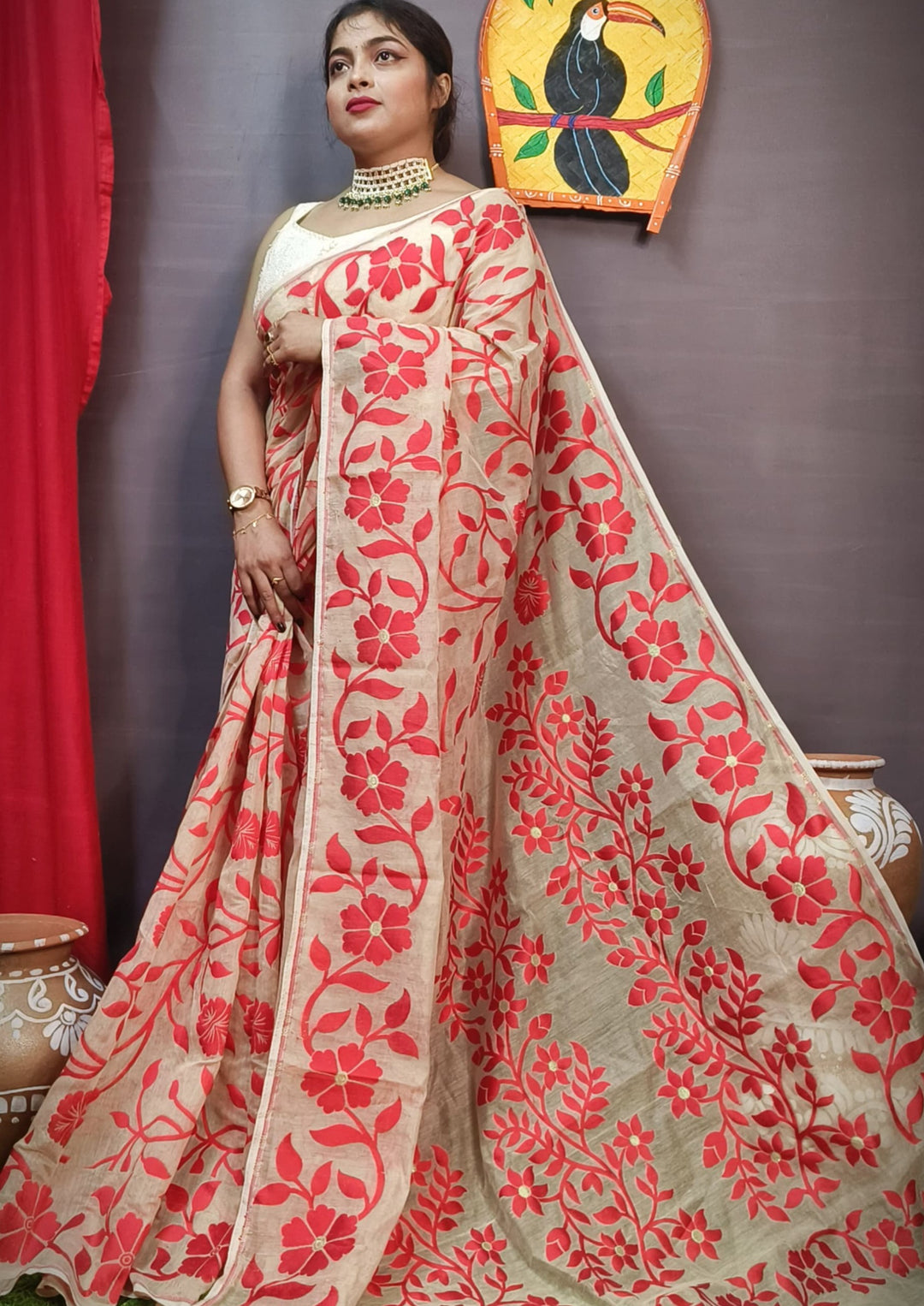 Pushpalata- Flowering Vines Cotton Jamdani Saree