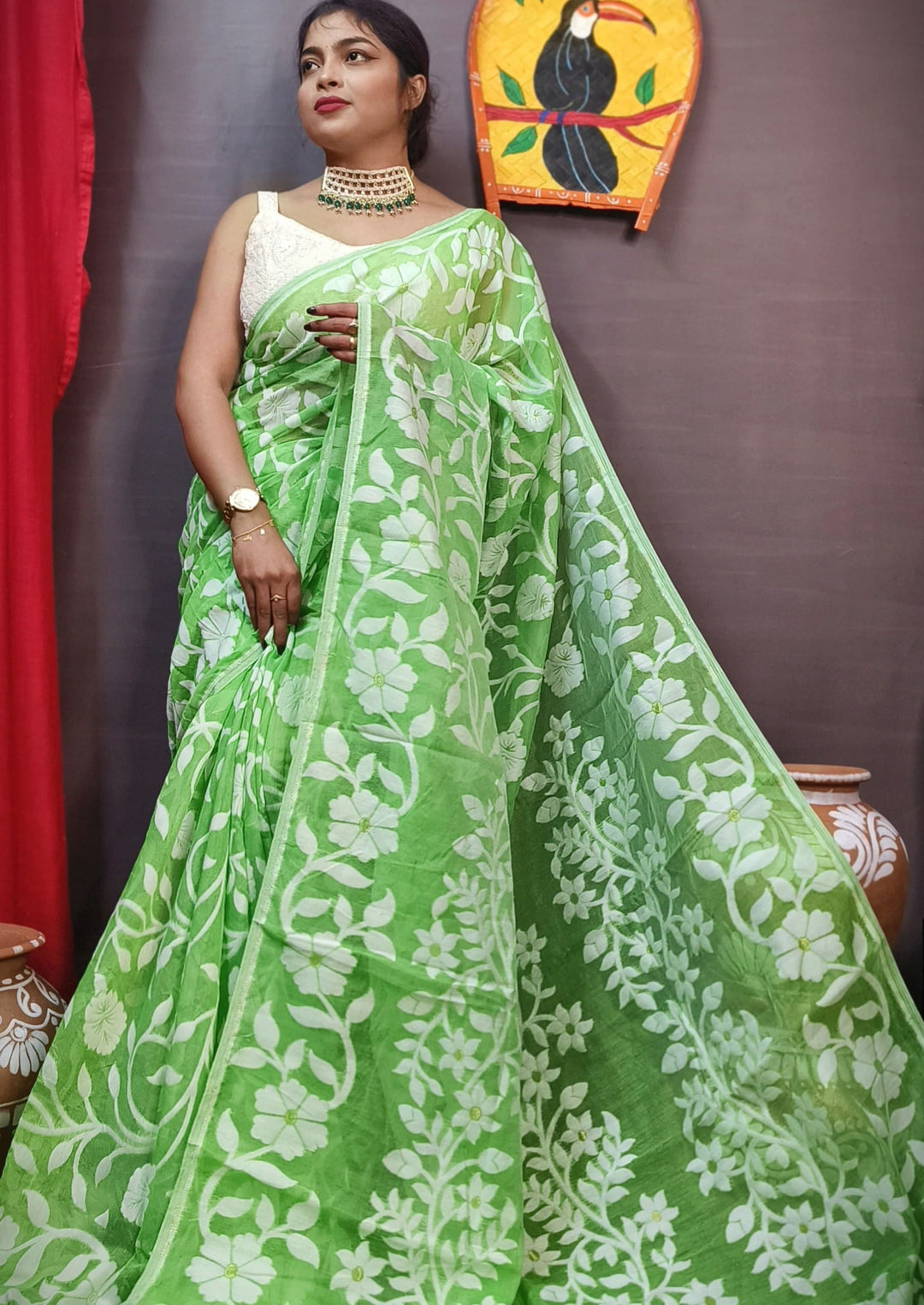 Pushpalata- Flowering Vines Cotton Jamdani Saree