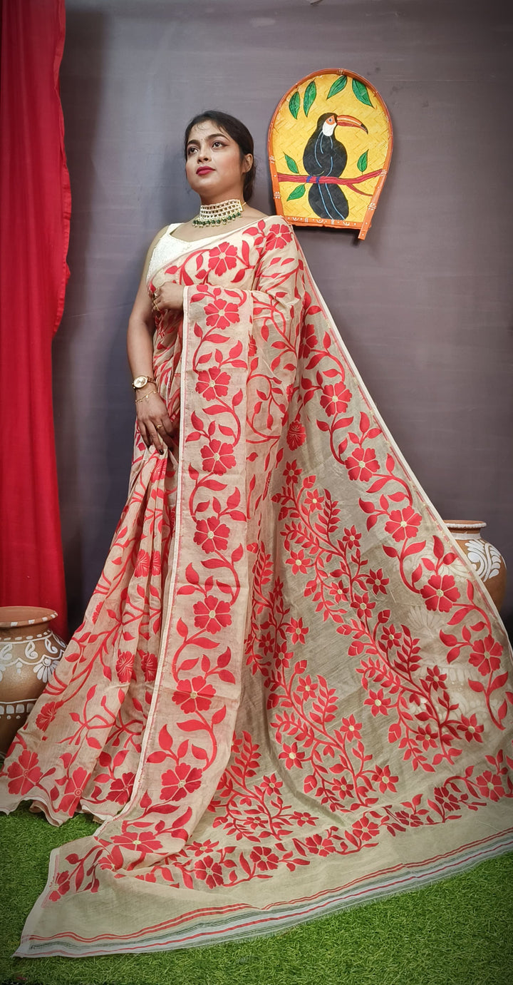 Pushpalata- Flowering Vines Cotton Jamdani Saree