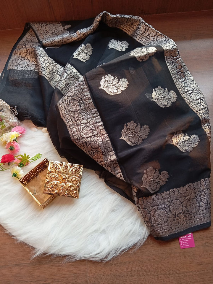 Black Ruby Khaddi Chiffon Banarasi Saree