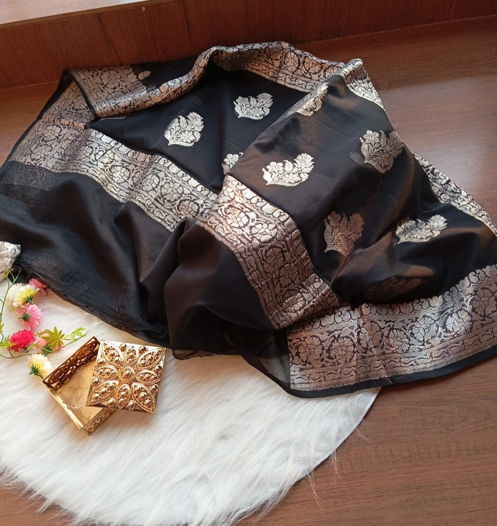 Black Ruby Khaddi Chiffon Banarasi Saree