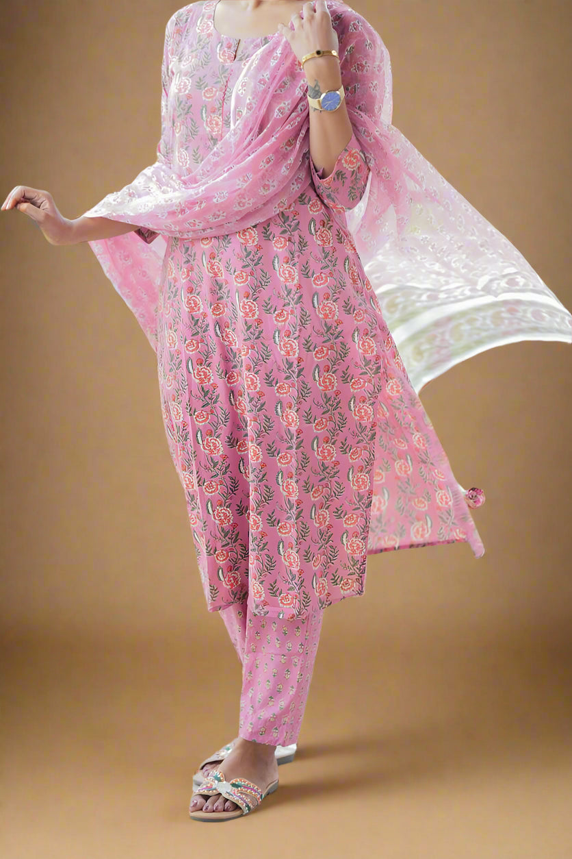 City Heart Pink Cotton Kurti Set