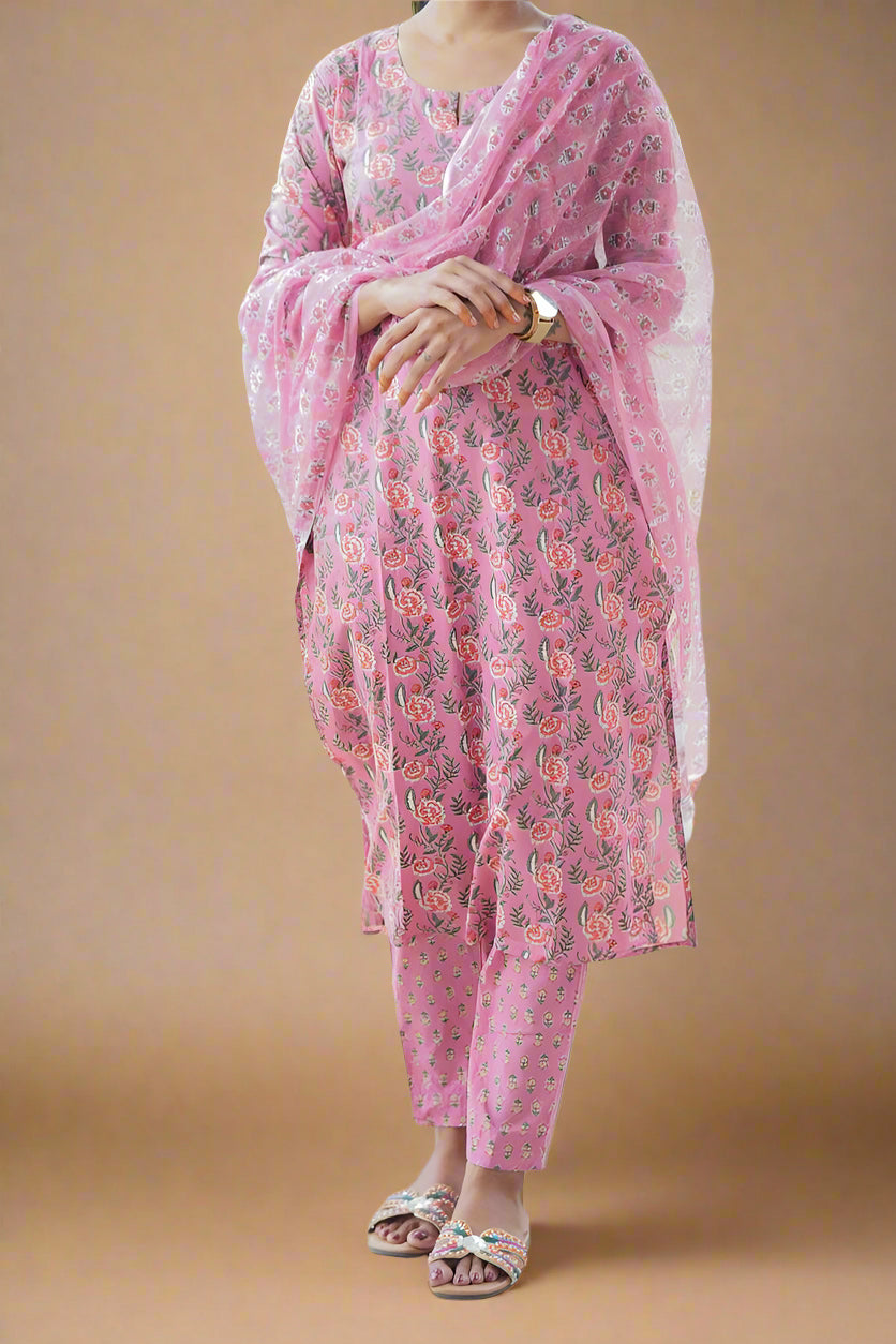 City Heart Pink Cotton Kurti Set