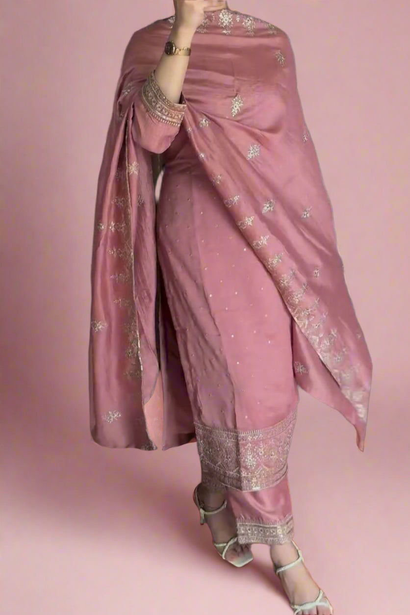 In The Festivemood Chinnon Silk Pink Kurti Set
