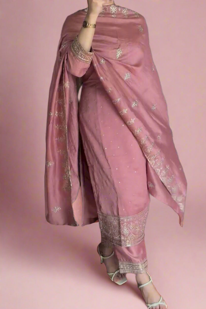 In The Festivemood Chinnon Silk Pink Kurti Set