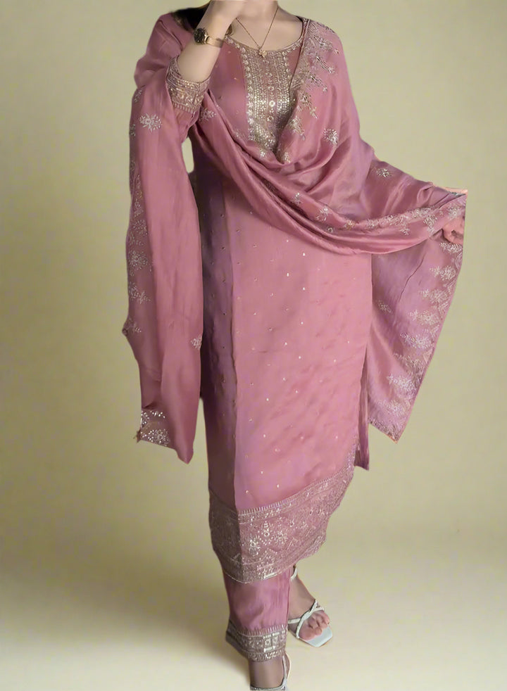 In The Festivemood Chinnon Silk Pink Kurti Set