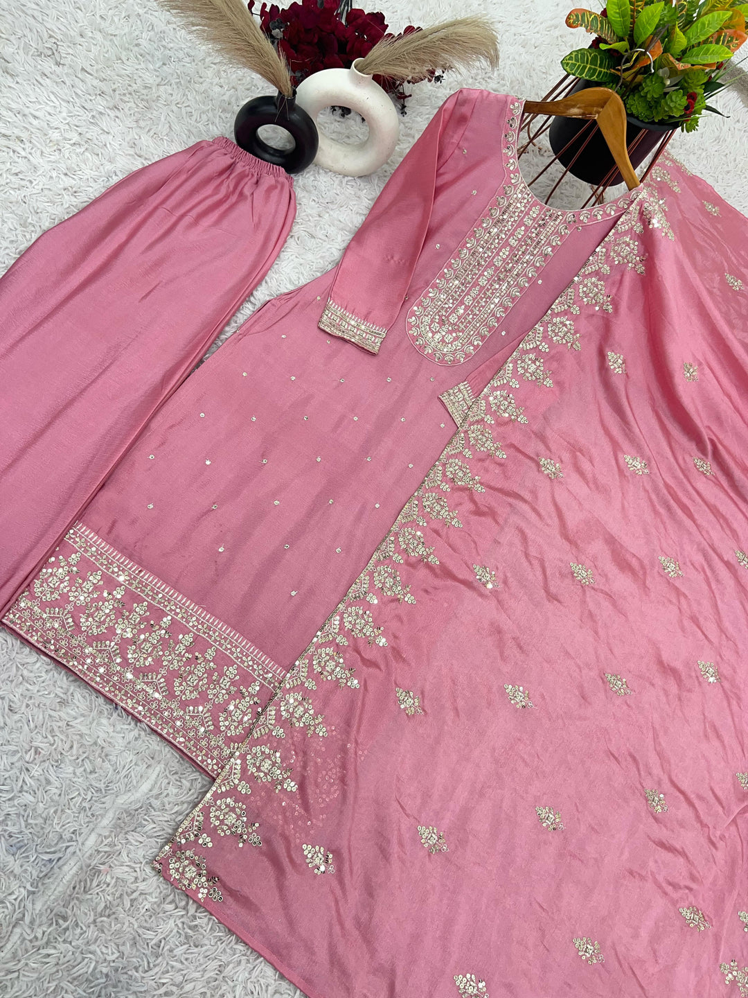 In The Festivemood Chinnon Silk Pink Kurti Set