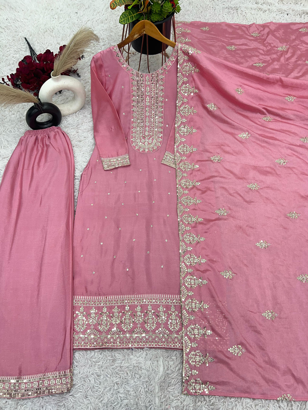 In The Festivemood Chinnon Silk Pink Kurti Set