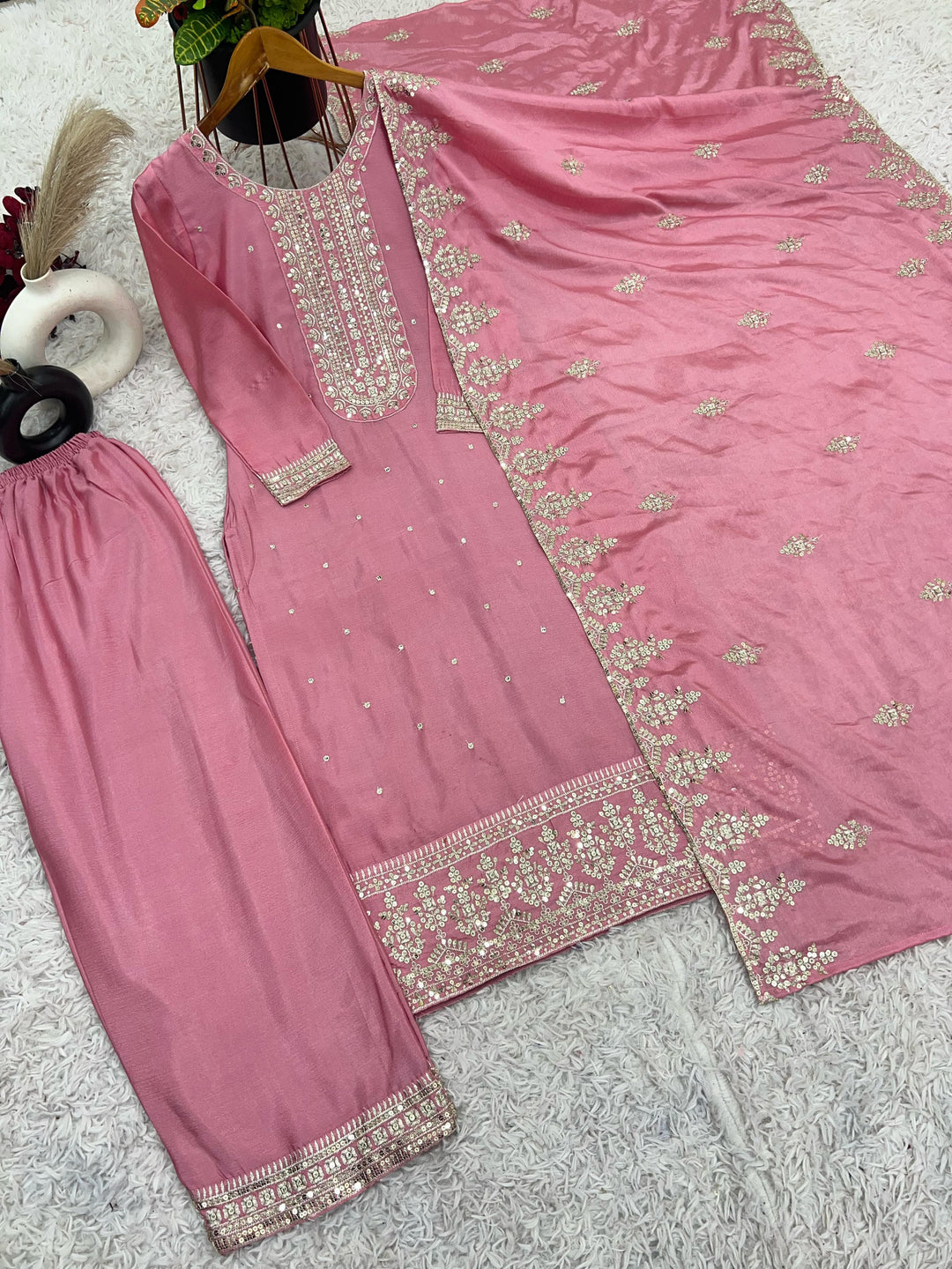 In The Festivemood Chinnon Silk Pink Kurti Set